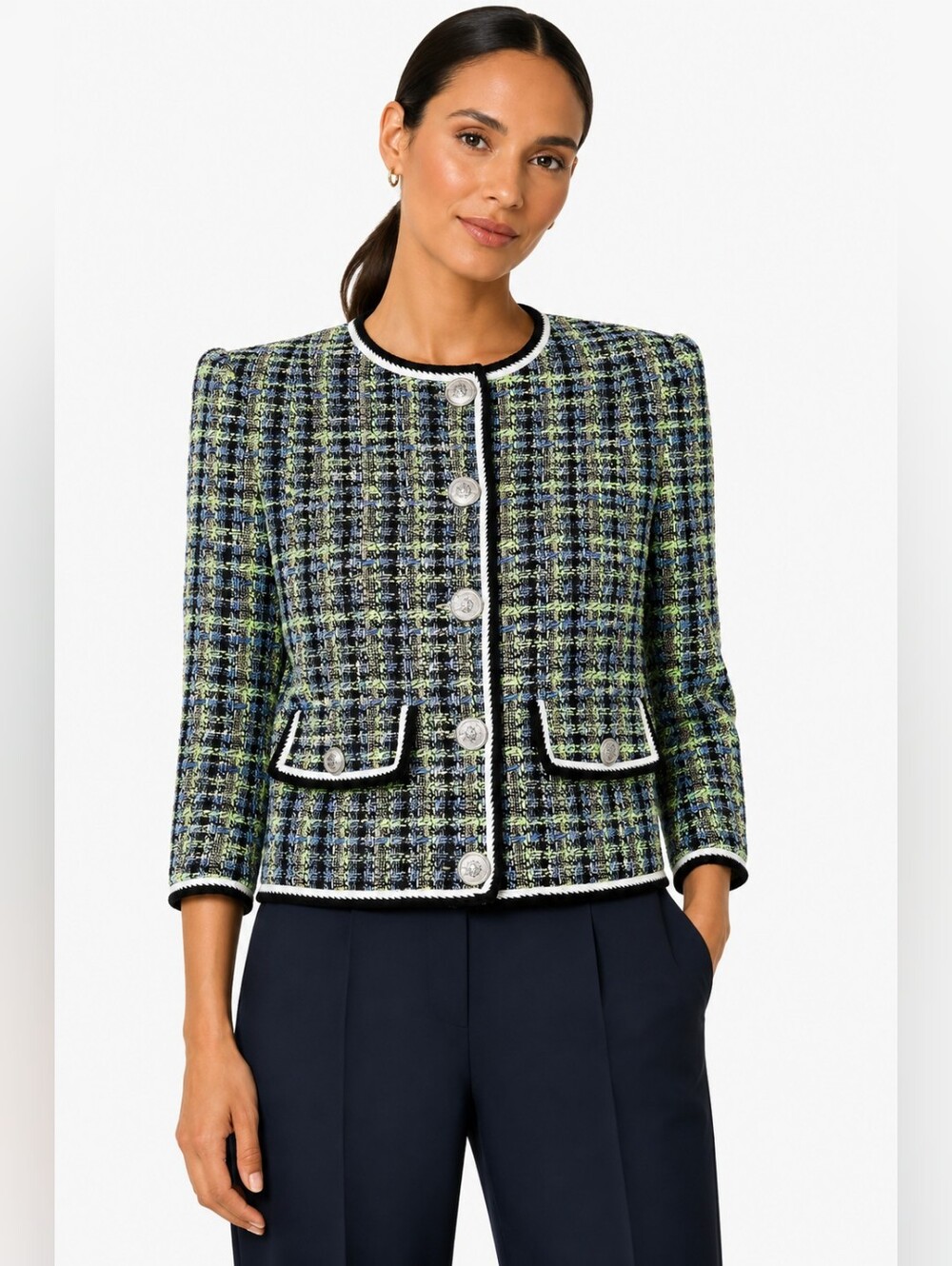 Veronica Beard Ceres Tweed Jacket Blazer Navy Chartreuse Size 10 NWT $748